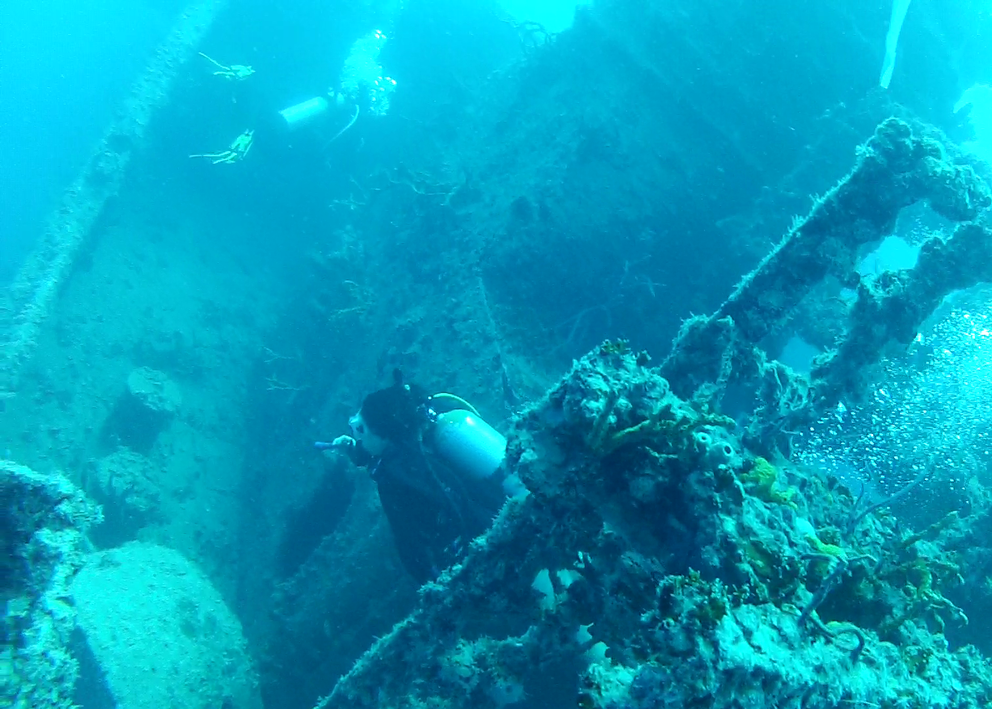 scuba divers explore the stern of the USS Spiegel Grove