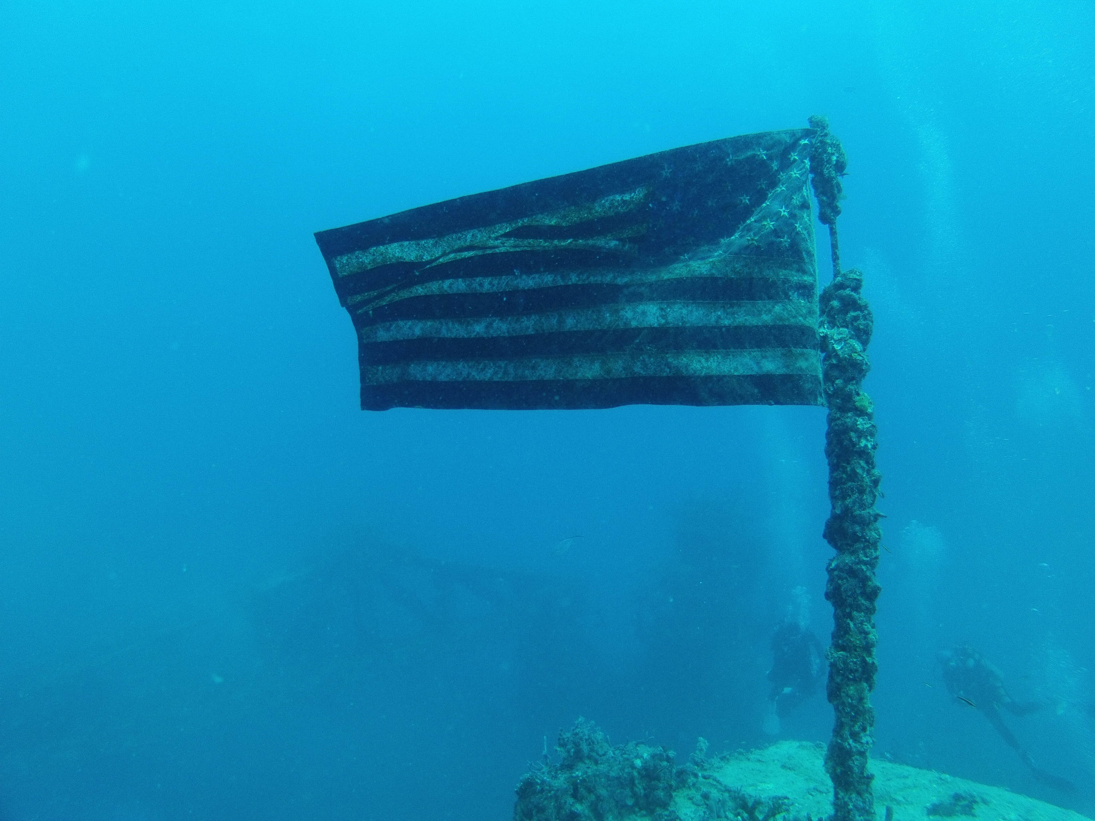 a flag is hung on a barnacle encrusted pole deep under water on the deck at the stern of the USS Spiegel Grove