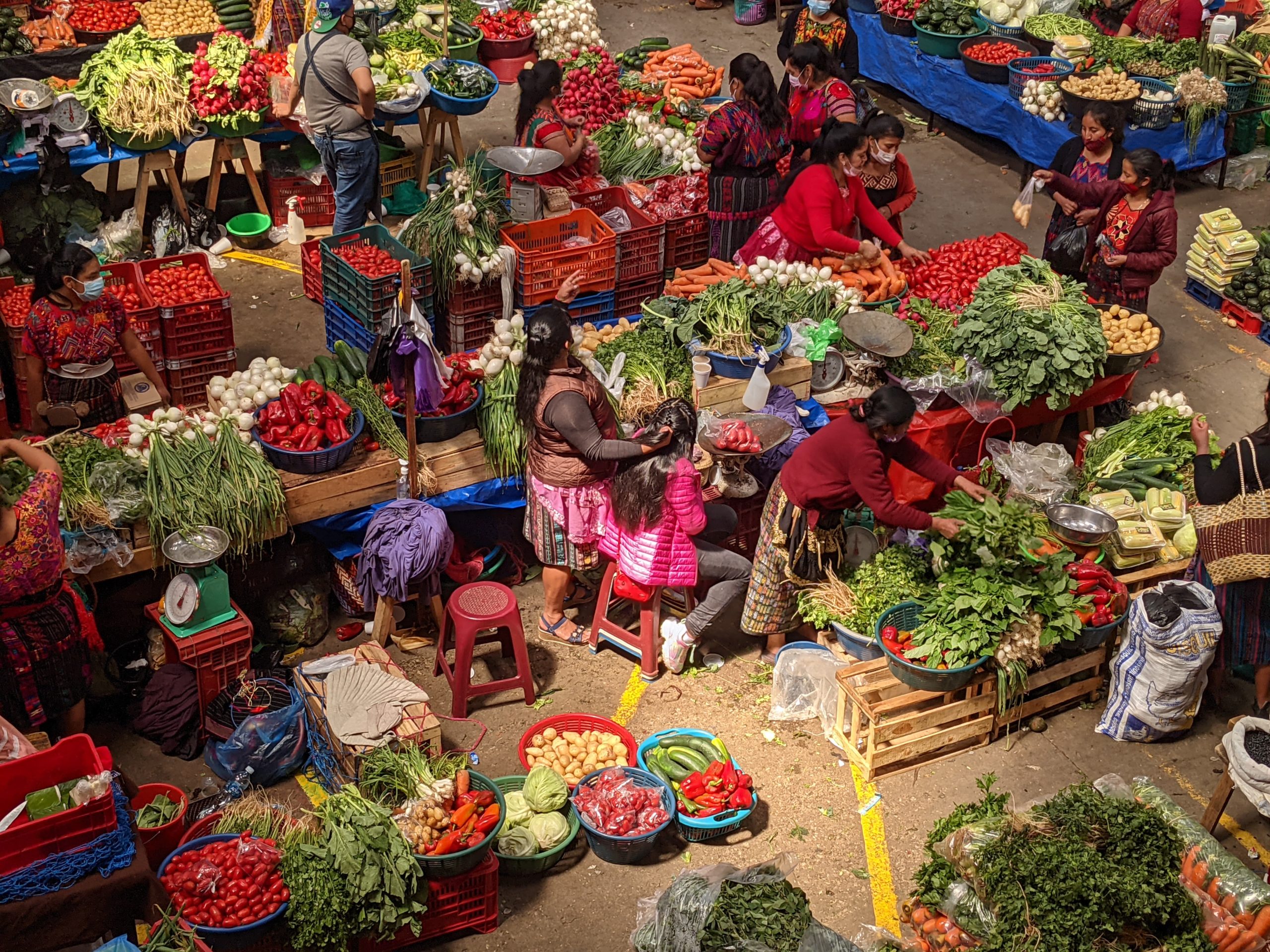 looking down from the balcony to the vegetable market at Chichicastenango, Guatemala
