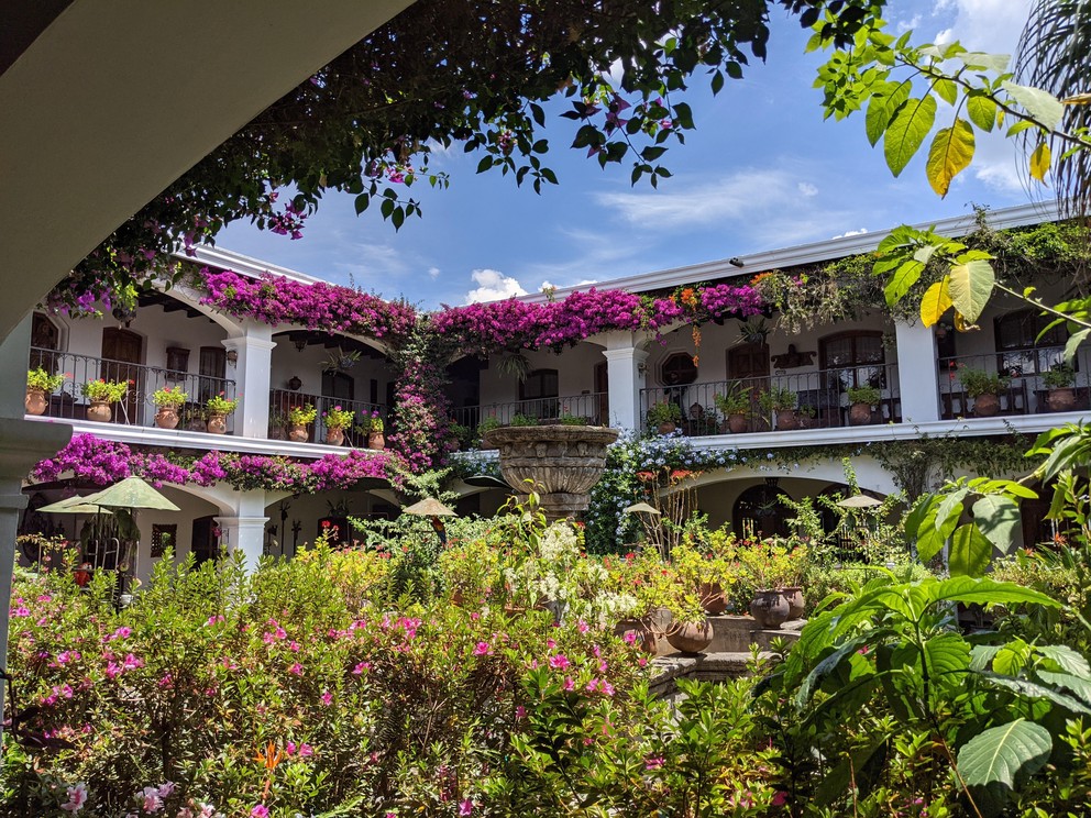 a view of the gardens in the central courtyard of the Hotel Santo Tomas in Chichicastenango, Guatemala