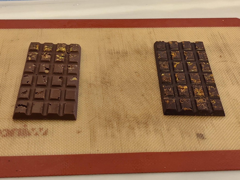 two finished chocolate bars made by participants at the ChocoMuseo in Antigua, Guatemala