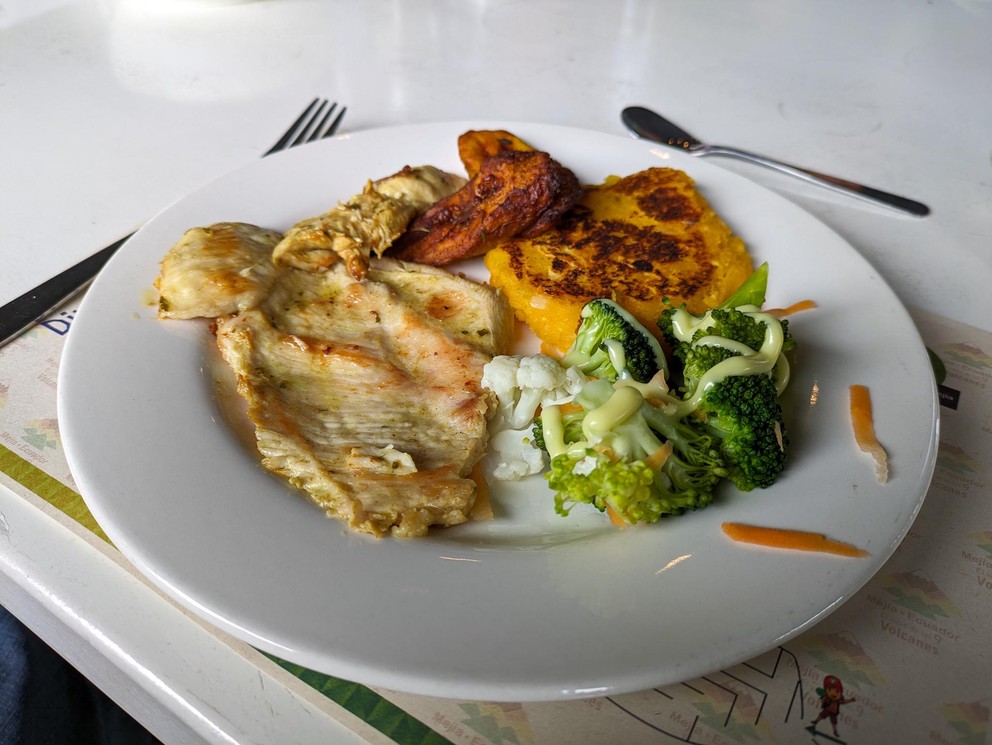 a plate of food with chicken and vegetables