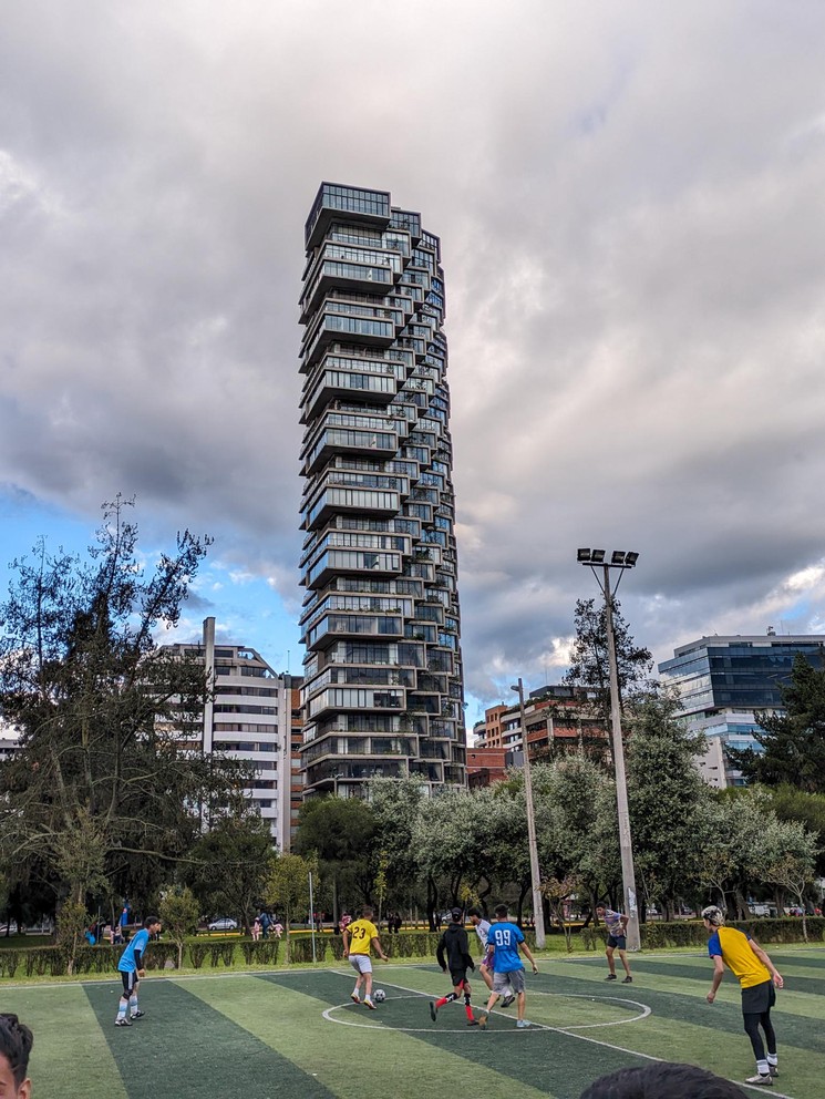 several teen-age boys play soccer at a park in central Quito, Ecuador