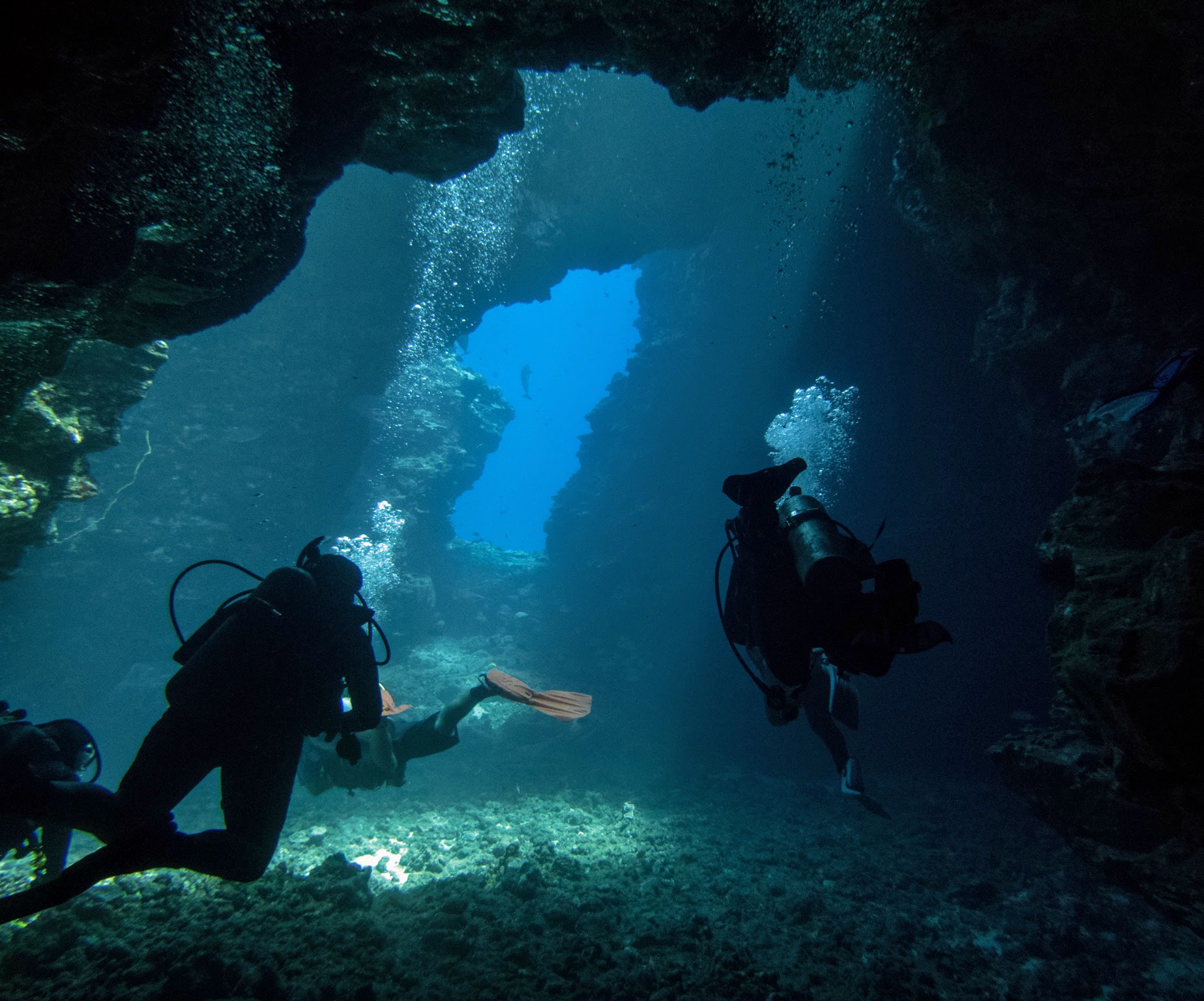 a group of scuba divers exploring the underwater lava tubes known as Second Cathedral off the shores of Lanai, Hawaii