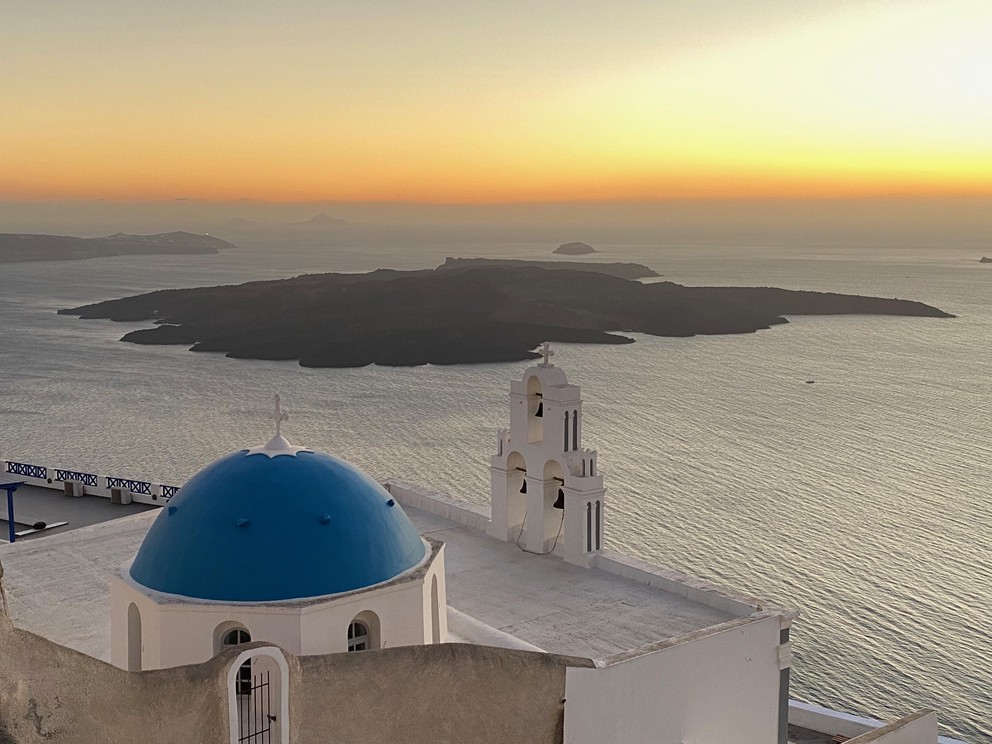 Three Bells of Fira at Sunset