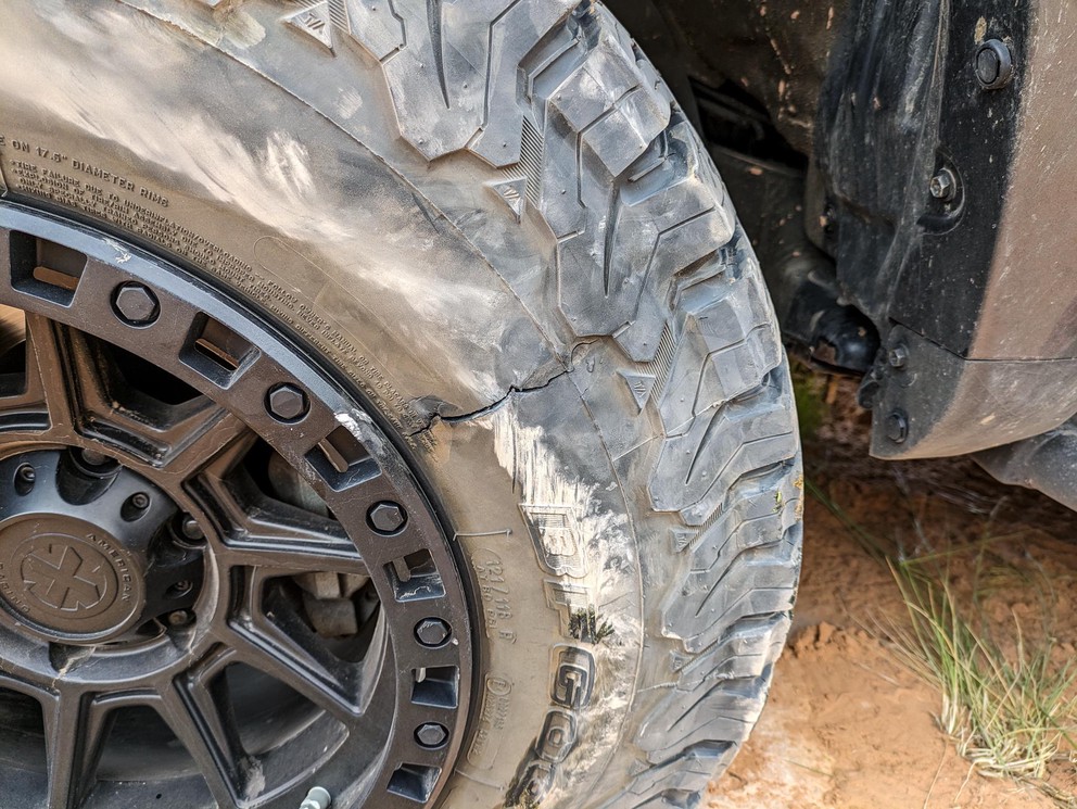 a four inch tear through the sidewall of a BF Goodrich tire