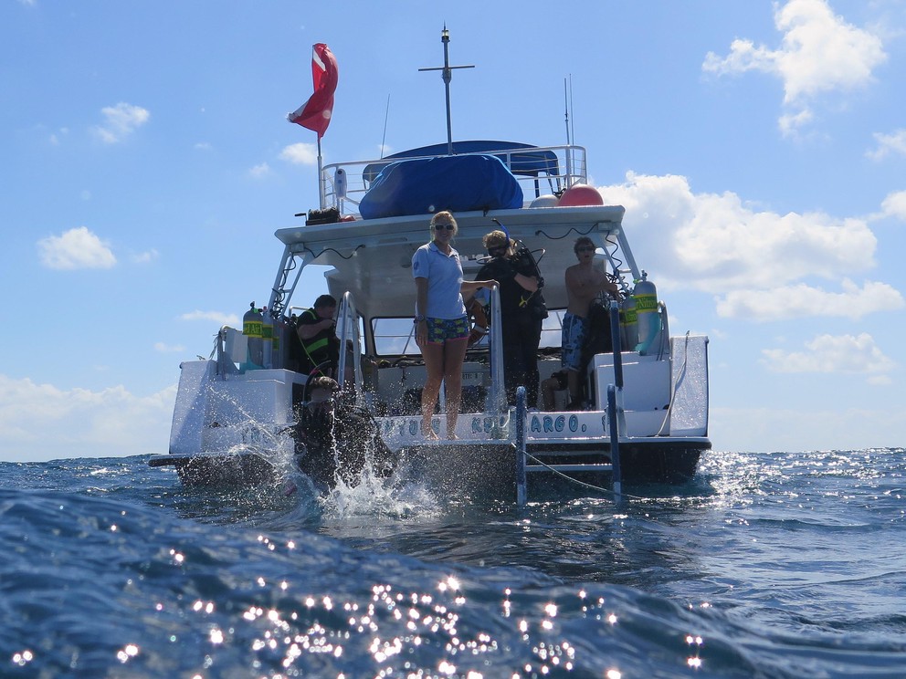 a scuba diver splashes as she enters the ocean off the back of a scuba boat