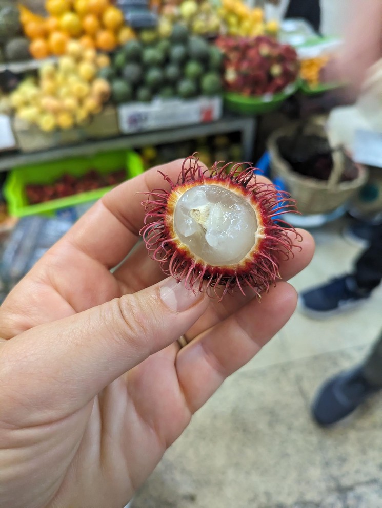 a lychee fruit cut in half, showing the gelatinous insides