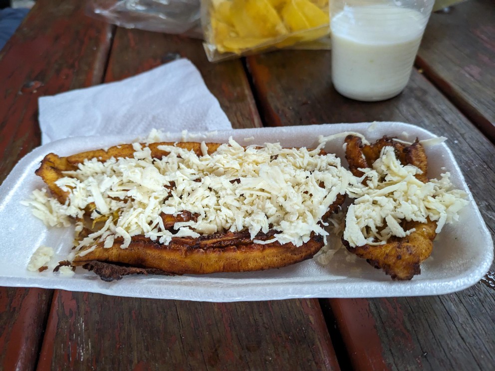a plate of fried plantains with cheese