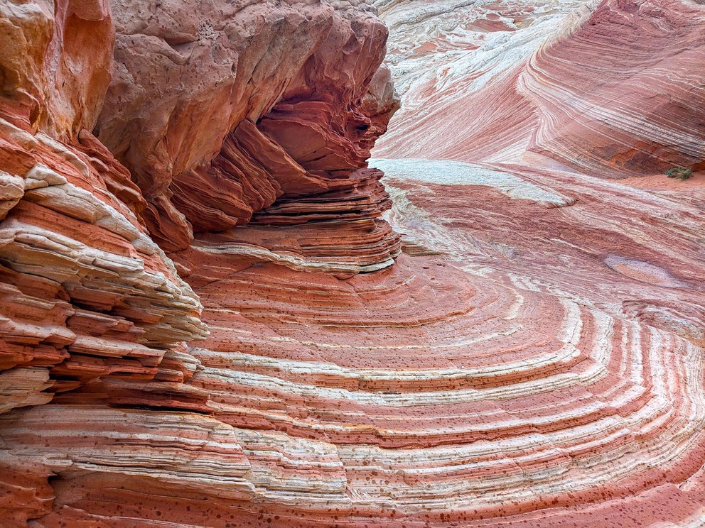 layers of red and white Navajo sandstone form rings around another formation