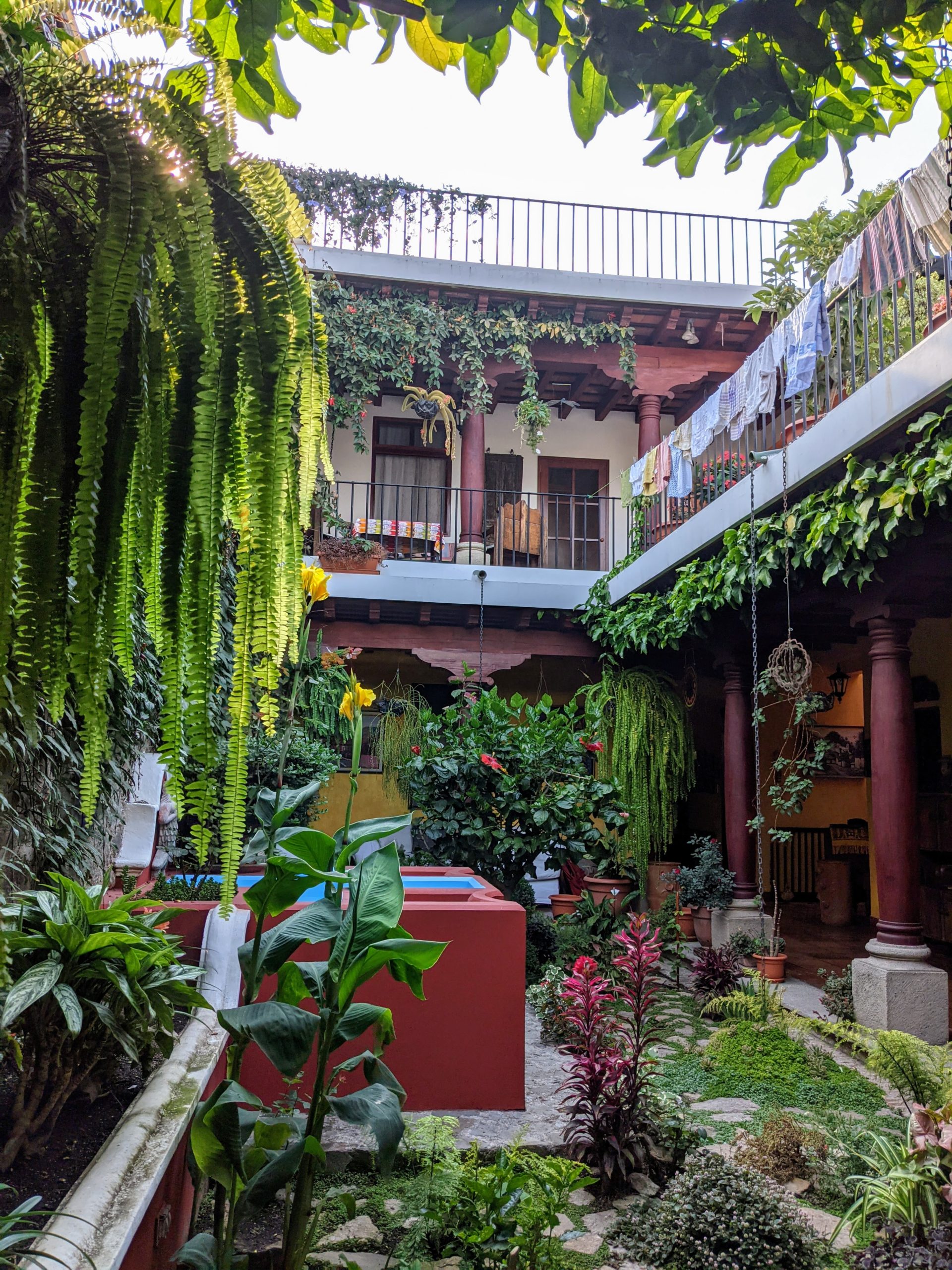 lush gardens in the center courtyard of a home in Antigua, Guatemala
